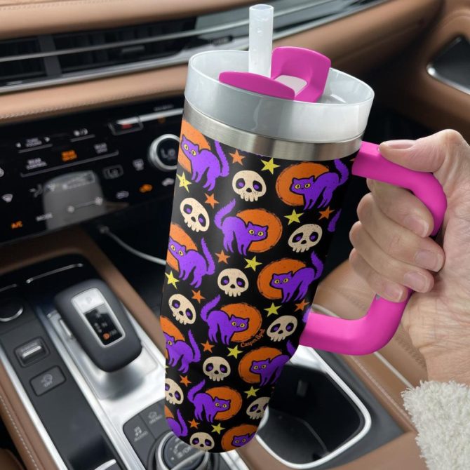 Halloween Spooky Night Cats Custom Stanley Quencher 40Oz Stainless Steel Tumbler With Handle - Image 3