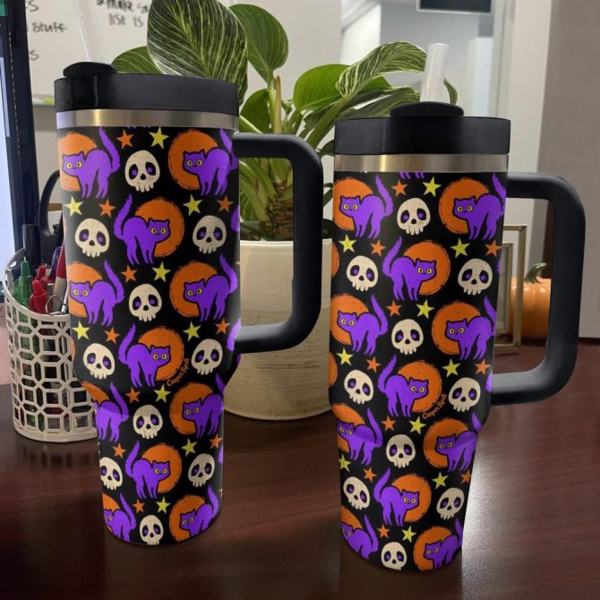 Halloween Spooky Night Cats Custom Stanley Quencher 40Oz Stainless Steel Tumbler With Handle - Image 2