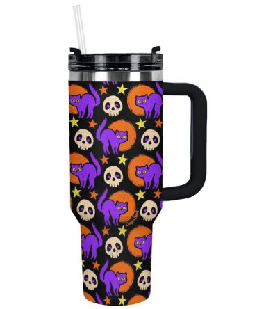Halloween Spooky Night Cats Custom Stanley Quencher 40Oz Stainless Steel Tumbler With Handle