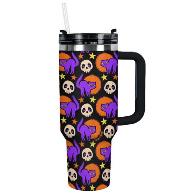 Halloween Spooky Night Cats Custom Stanley Quencher 40Oz Stainless Steel Tumbler With Handle