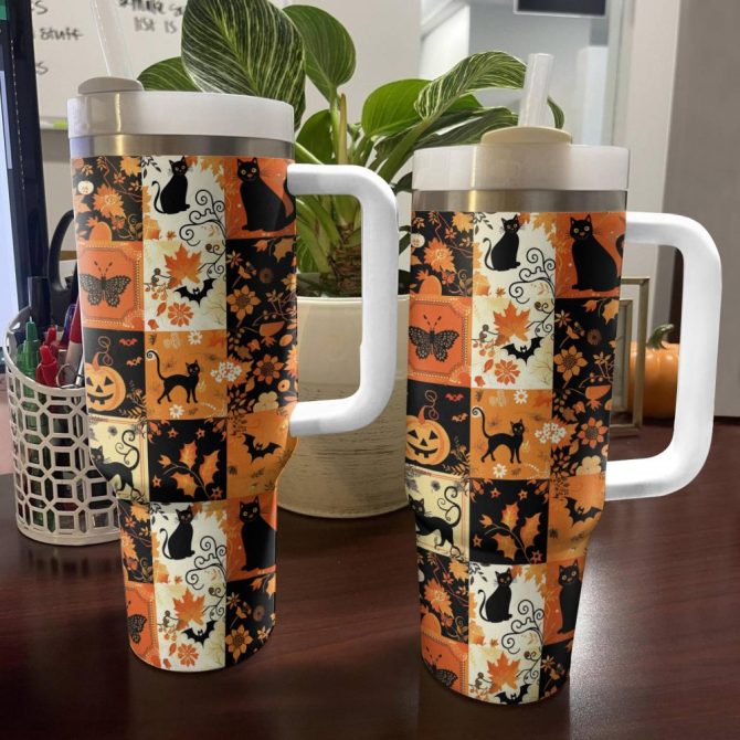 Halloween Spooky Patches Custom Stanley Quencher 40Oz Stainless Steel Tumbler With Handle - Image 4