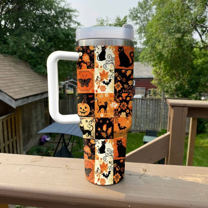 Halloween Spooky Patches Custom Stanley Quencher 40Oz Stainless Steel Tumbler With Handle - Image 2