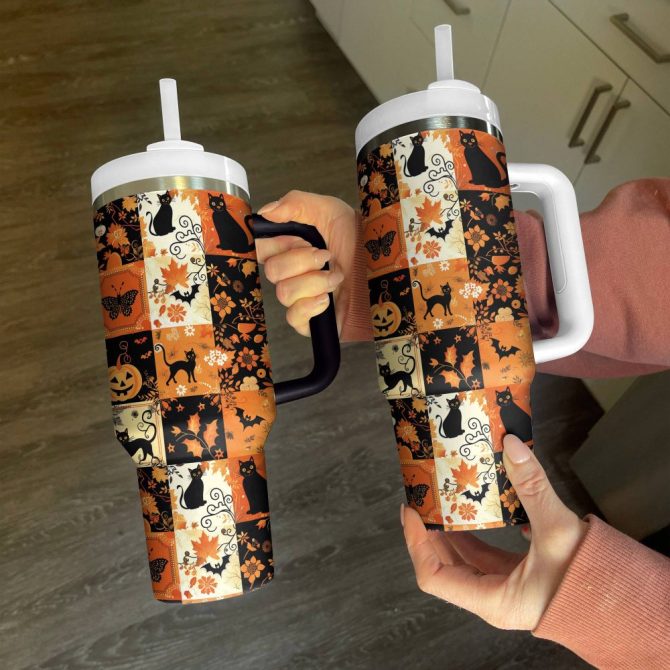 Halloween Spooky Patches Custom Stanley Quencher 40Oz Stainless Steel Tumbler With Handle - Image 3