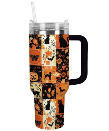 Halloween Spooky Patches Custom Stanley Quencher 40Oz Stainless Steel Tumbler With Handle