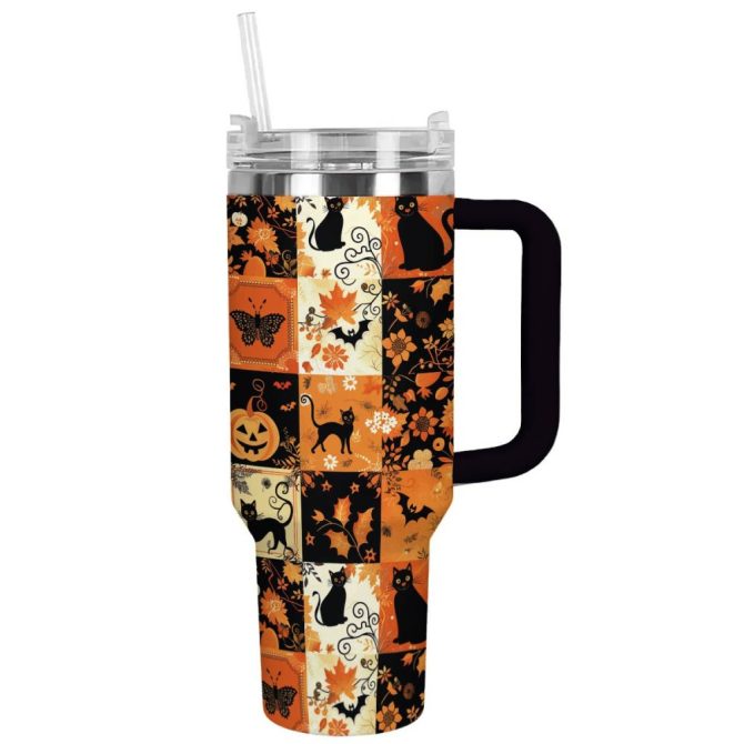 Halloween Spooky Patches Custom Stanley Quencher 40Oz Stainless Steel Tumbler With Handle