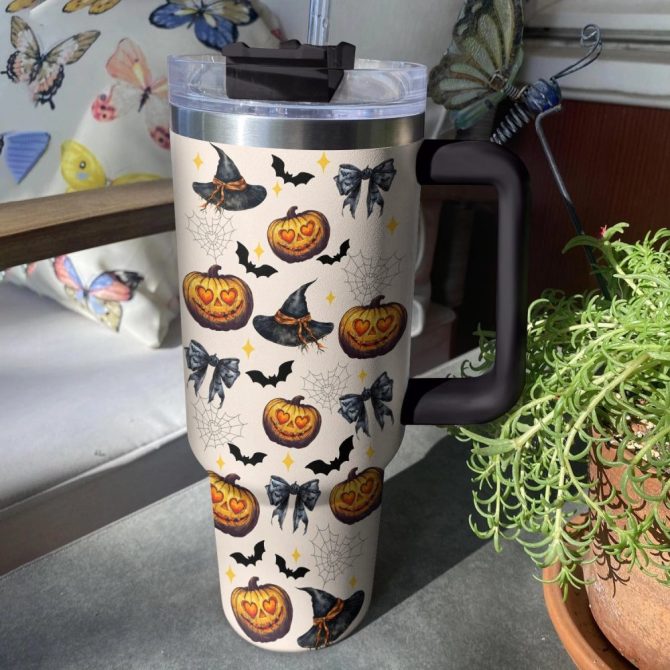 Halloween Spooky Pumpkin Custom Stanley Quencher 40Oz Stainless Steel Tumbler With Handle - Image 2