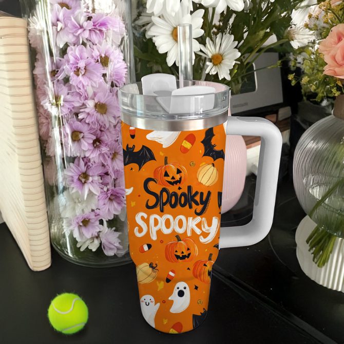 Halloween Spooky Pumpkins Custom Stanley Quencher 40Oz Stainless Steel Tumbler With Handle - Image 4