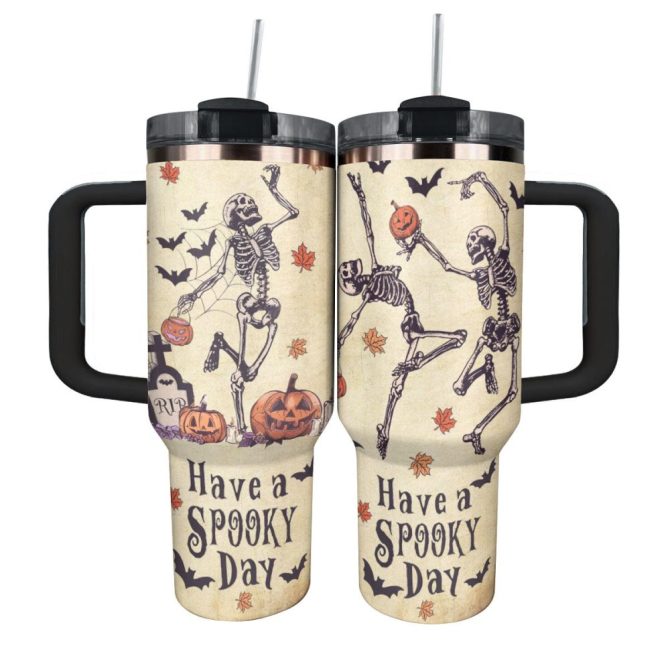 Halloween Spooky Skeleton Custom Stanley Quencher 40Oz Stainless Steel Tumbler With Handle
