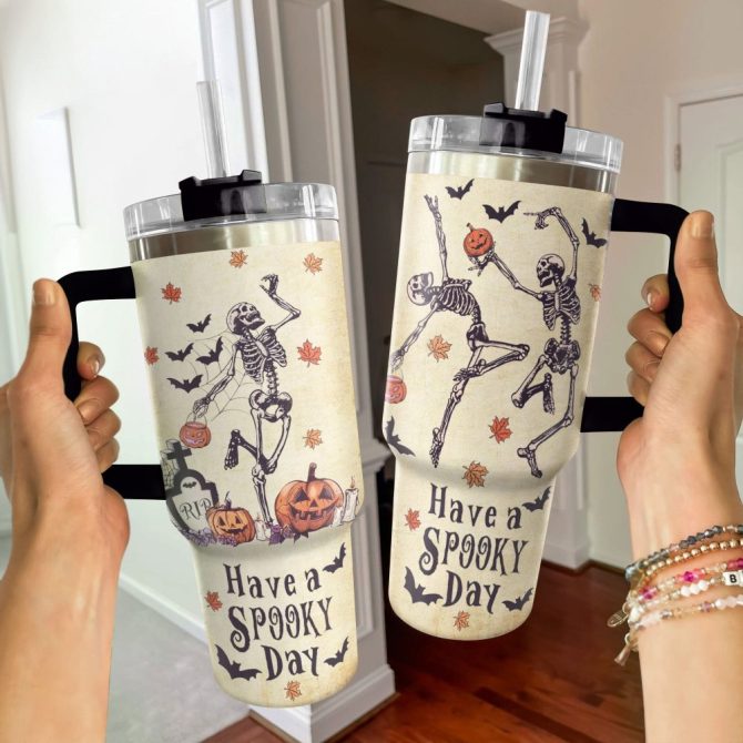 Halloween Spooky Skeleton Custom Stanley Quencher 40Oz Stainless Steel Tumbler With Handle - Image 2