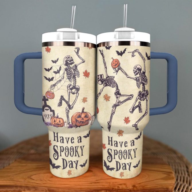 Halloween Spooky Skeleton Custom Stanley Quencher 40Oz Stainless Steel Tumbler With Handle - Image 4