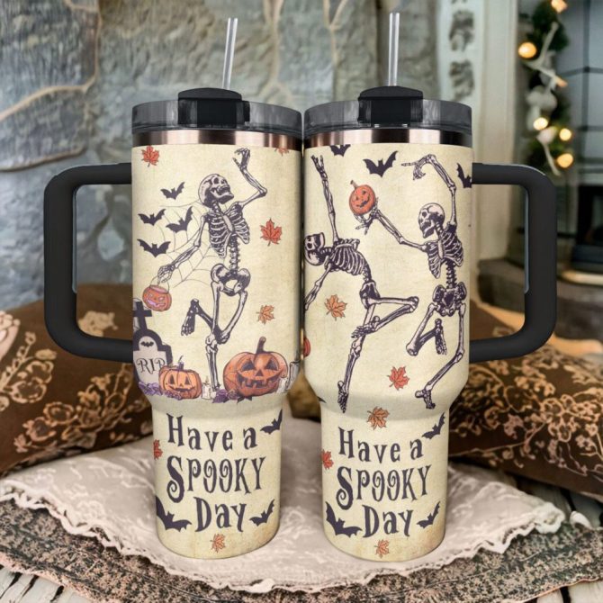 Halloween Spooky Skeleton Custom Stanley Quencher 40Oz Stainless Steel Tumbler With Handle - Image 3