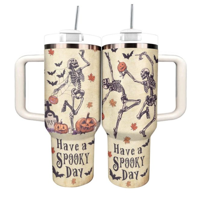 Halloween Spooky Skeleton Custom Stanley Quencher 40Oz Stainless Steel Tumbler With Handle - Image 12