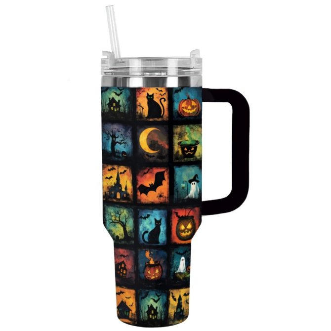 Halloween Spooky Squares Custom Stanley Quencher 40Oz Stainless Steel Tumbler With Handle - Image 11