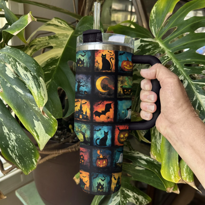 Halloween Spooky Squares Custom Stanley Quencher 40Oz Stainless Steel Tumbler With Handle - Image 3