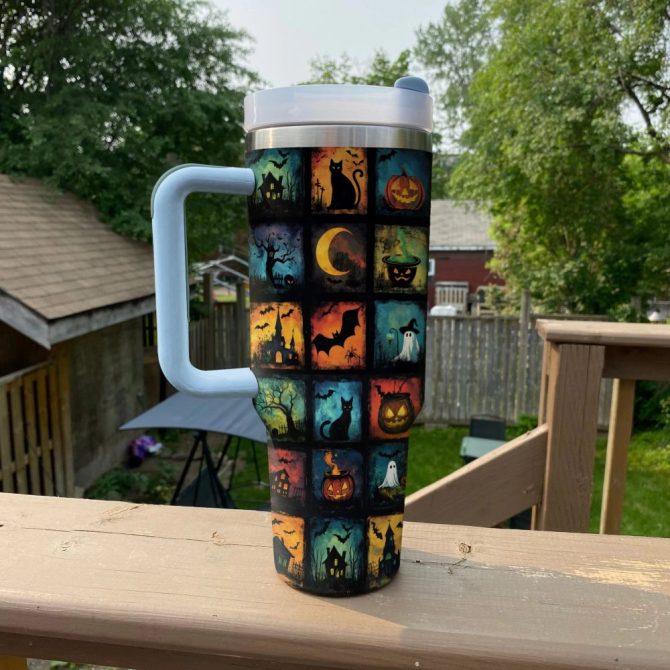 Halloween Spooky Squares Custom Stanley Quencher 40Oz Stainless Steel Tumbler With Handle - Image 4
