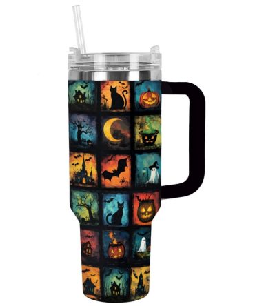 Halloween Spooky Squares Custom Stanley Quencher 40Oz Stainless Steel Tumbler With Handle