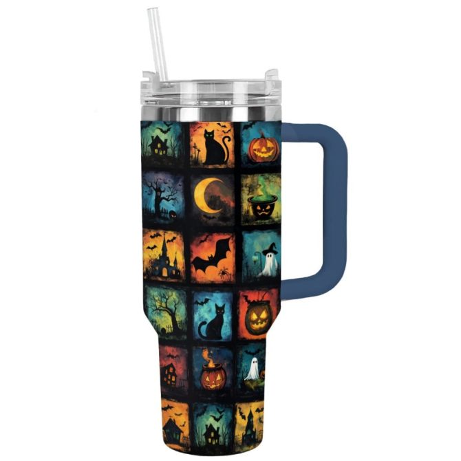 Halloween Spooky Squares Custom Stanley Quencher 40Oz Stainless Steel Tumbler With Handle - Image 12