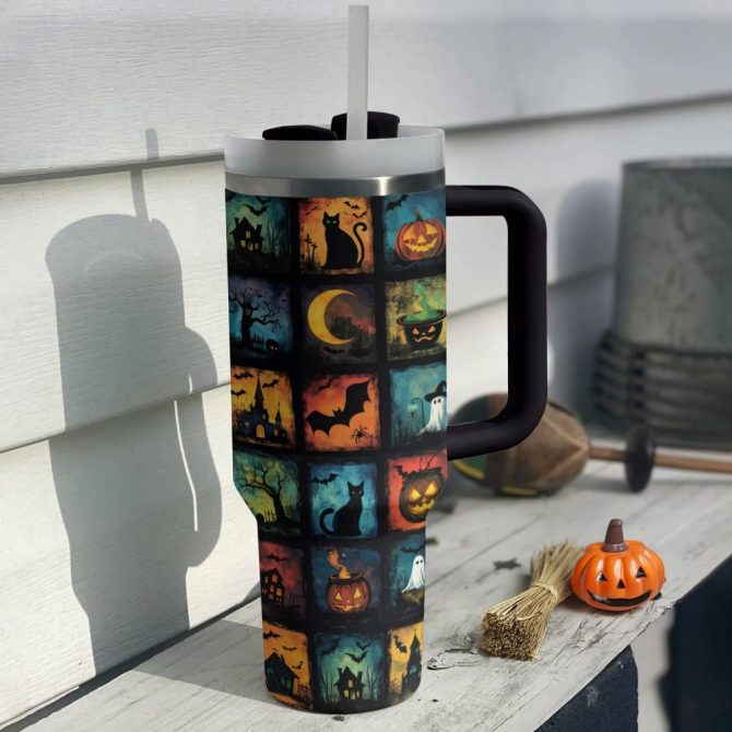 Halloween Spooky Squares Custom Stanley Quencher 40Oz Stainless Steel Tumbler With Handle - Image 2