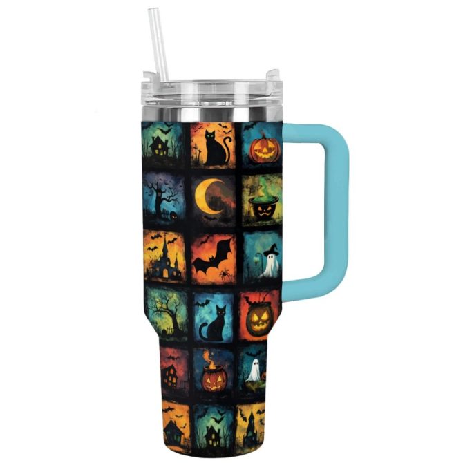 Halloween Spooky Squares Custom Stanley Quencher 40Oz Stainless Steel Tumbler With Handle - Image 13