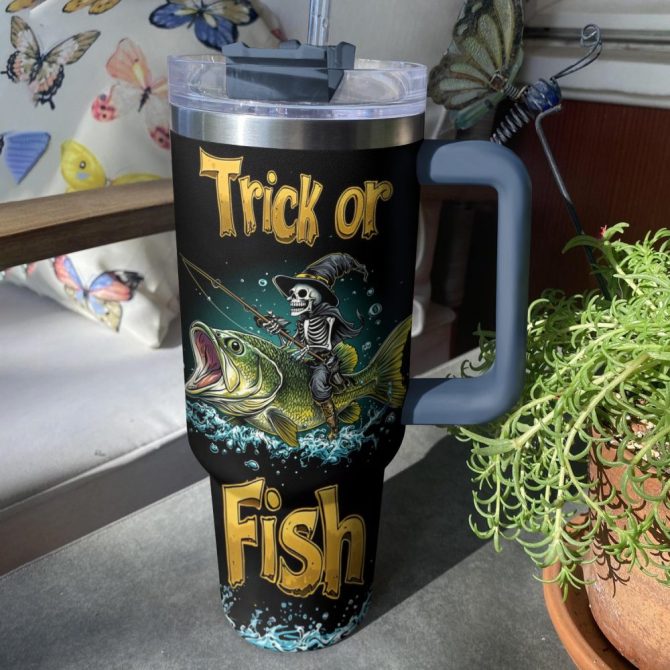 Halloween Trick Or Fish Custom Stanley Quencher 40Oz Stainless Steel Tumbler With Handle - Image 3