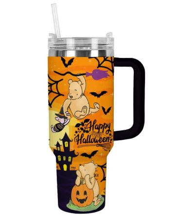Halloween Winnie The Pooh Cartoon Custom Stanley Quencher 40Oz Stainless Steel Tumbler With Handle