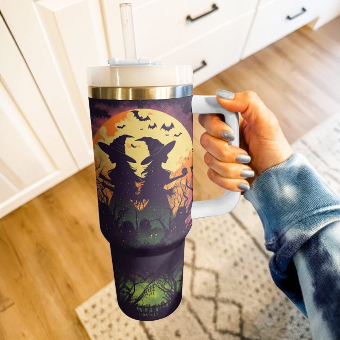 Halloween Witches Moon Custom Stanley Quencher 40Oz Stainless Steel Tumbler With Handle - Image 3