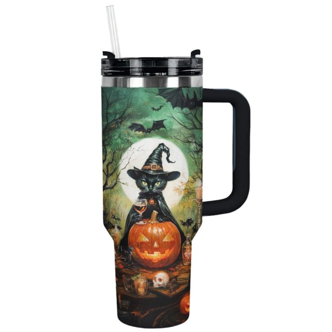 Halloween Witchy Black Cat Custom Stanley Quencher 40Oz Stainless Steel Tumbler With Handle - Image 6