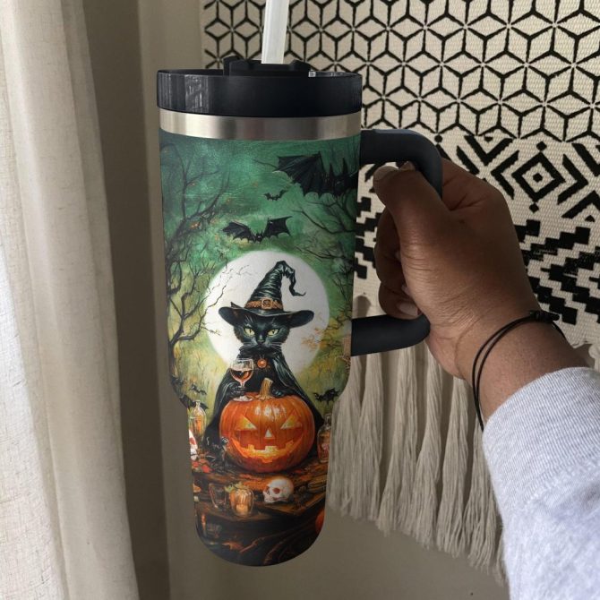 Halloween Witchy Black Cat Custom Stanley Quencher 40Oz Stainless Steel Tumbler With Handle - Image 3
