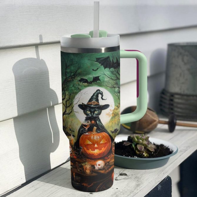 Halloween Witchy Black Cat Custom Stanley Quencher 40Oz Stainless Steel Tumbler With Handle - Image 2