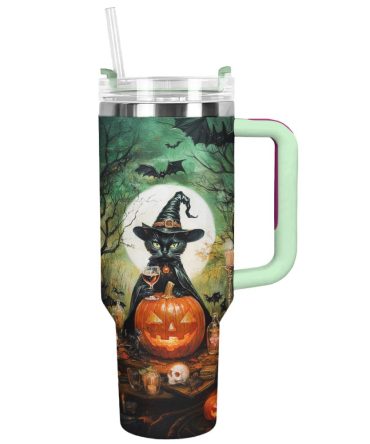 Halloween Witchy Black Cat Custom Stanley Quencher 40Oz Stainless Steel Tumbler With Handle