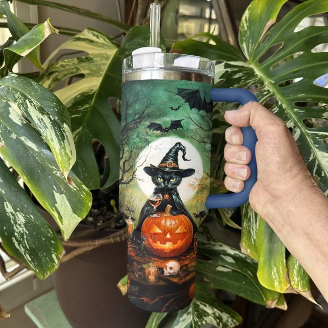 Halloween Witchy Black Cat Custom Stanley Quencher 40Oz Stainless Steel Tumbler With Handle - Image 4