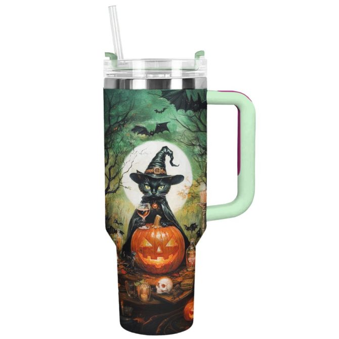 Halloween Witchy Black Cat Custom Stanley Quencher 40Oz Stainless Steel Tumbler With Handle - Image 5