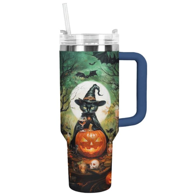 Halloween Witchy Black Cat Custom Stanley Quencher 40Oz Stainless Steel Tumbler With Handle - Image 7