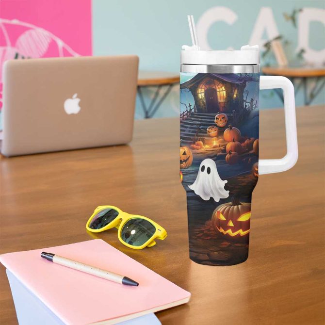 Happy Kangaboo Kangaroo And Halloween Haunted House Custom Stanley Quencher 40Oz Stainless Steel Tumbler With Handle - Image 5