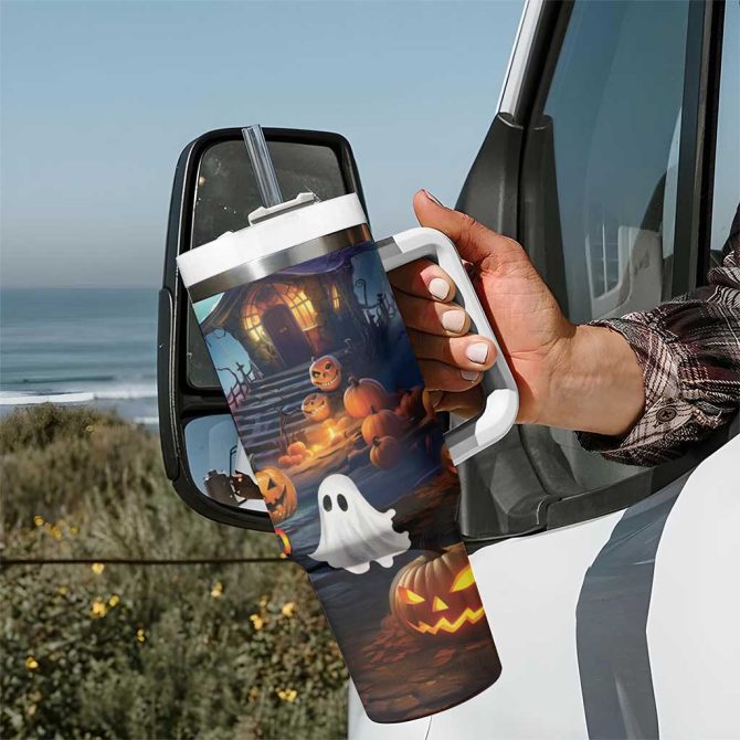 Happy Kangaboo Kangaroo And Halloween Haunted House Custom Stanley Quencher 40Oz Stainless Steel Tumbler With Handle - Image 7