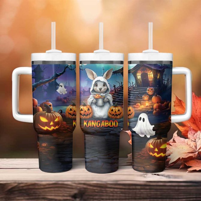 Happy Kangaboo Kangaroo And Halloween Haunted House Custom Stanley Quencher 40Oz Stainless Steel Tumbler With Handle
