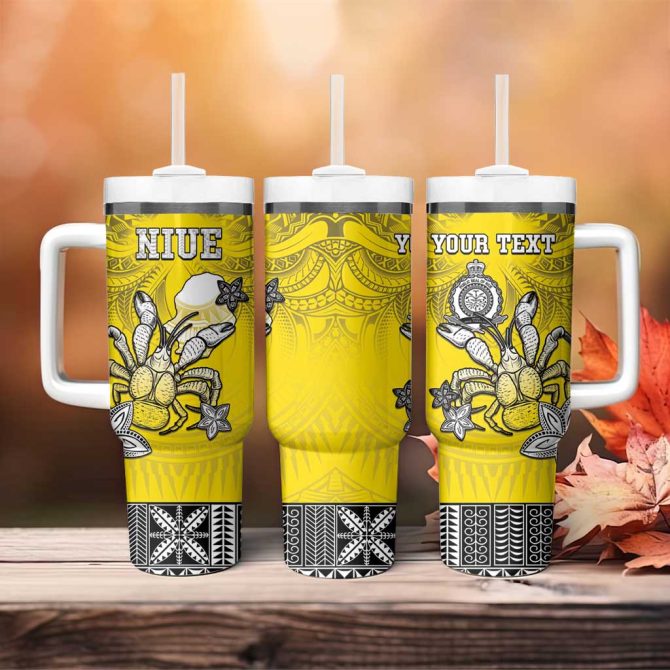 Happy Niue Constitution Day Niuean Crab Hiapo Yellow Custom Stanley Quencher 40Oz Stainless Steel Tumbler With Handle - Image 4