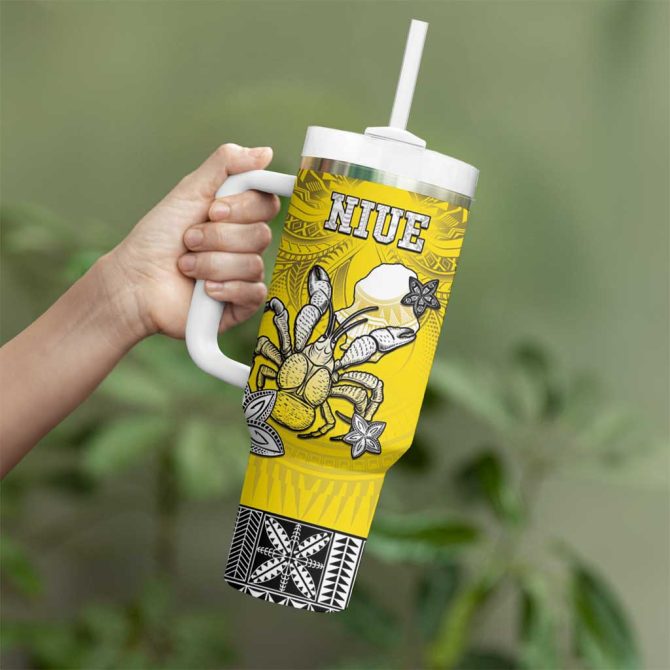 Happy Niue Constitution Day Niuean Crab Hiapo Yellow Custom Stanley Quencher 40Oz Stainless Steel Tumbler With Handle - Image 3