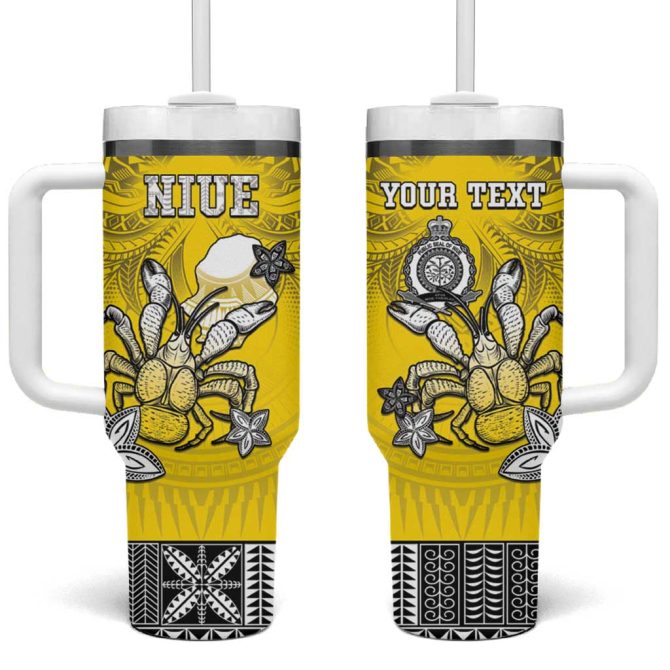 Happy Niue Constitution Day Niuean Crab Hiapo Yellow Custom Stanley Quencher 40Oz Stainless Steel Tumbler With Handle