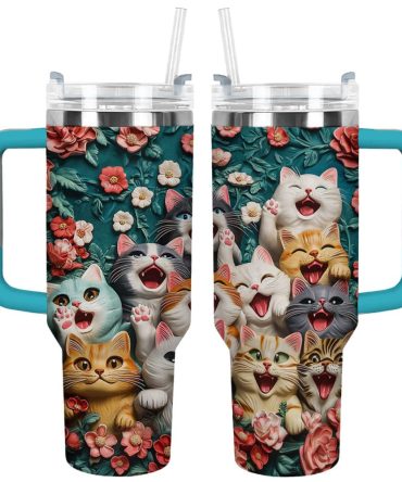 Happy Paws Cat Custom Stanley Quencher 40Oz Stainless Steel Tumbler With Handle