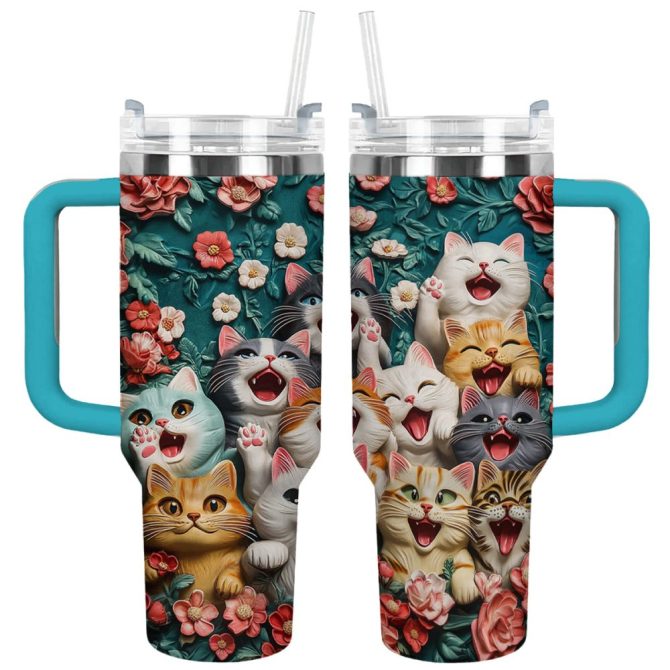 Happy Paws Cat Custom Stanley Quencher 40Oz Stainless Steel Tumbler With Handle