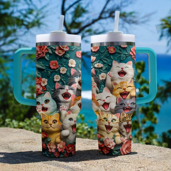 Happy Paws Cat Custom Stanley Quencher 40Oz Stainless Steel Tumbler With Handle - Image 3