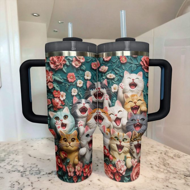 Happy Paws Cat Custom Stanley Quencher 40Oz Stainless Steel Tumbler With Handle - Image 4