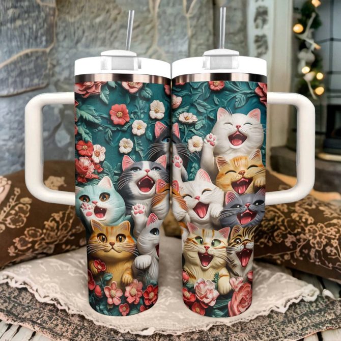 Happy Paws Cat Custom Stanley Quencher 40Oz Stainless Steel Tumbler With Handle - Image 2
