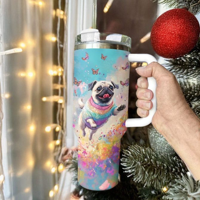 Happy Pug Dog With Butterflies Custom Stanley Quencher 40Oz Stainless Steel Tumbler With Handle - Image 3
