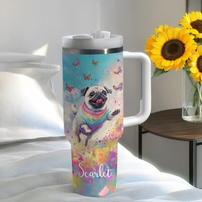 Happy Pug Dog With Butterflies Custom Stanley Quencher 40Oz Stainless Steel Tumbler With Handle - Image 4