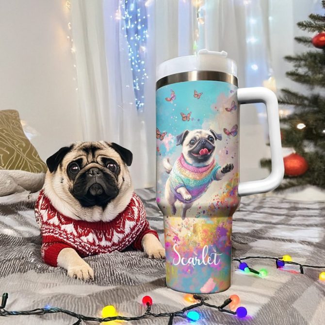 Happy Pug Dog With Butterflies Custom Stanley Quencher 40Oz Stainless Steel Tumbler With Handle - Image 2