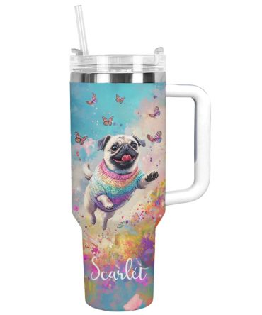 Happy Pug Dog With Butterflies Custom Stanley Quencher 40Oz Stainless Steel Tumbler With Handle
