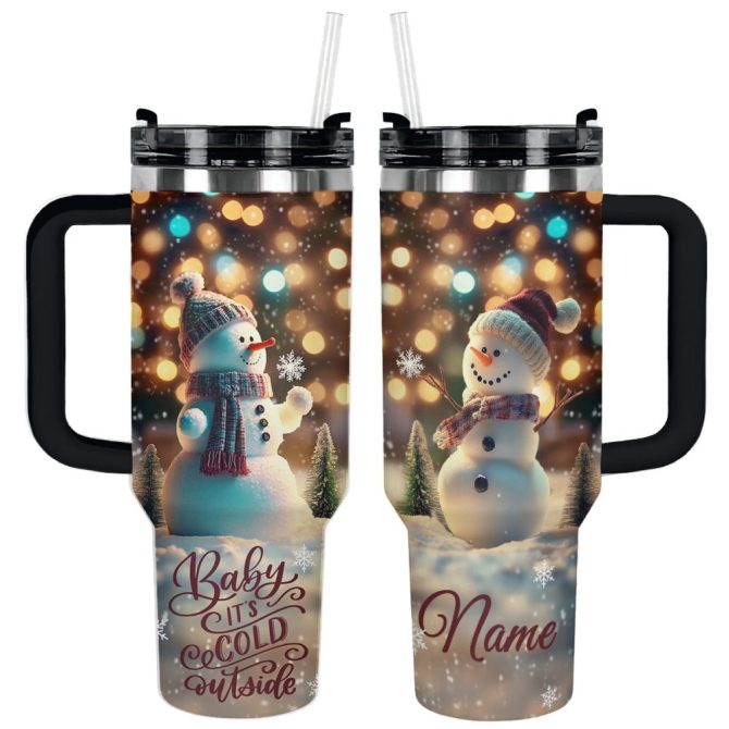 Happy Snowman Christmas Custom Stanley Quencher 40Oz Stainless Steel Tumbler With Handle