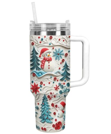 Happy Snowman Christmas Custom Stanley Quencher 40Oz Stainless Steel Tumbler With Handle
